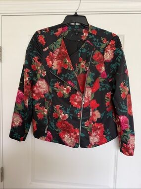 Mark Zunino Floral Black Moto Jacket with Red & Pink Blooms